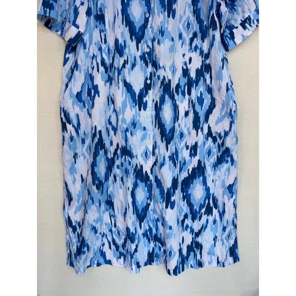 NOTTIBIANCHE Linen Shirt Dress Caftan Midi Maxi Button Lagenlook Blue Ikat 1X - Picture 7 of 9